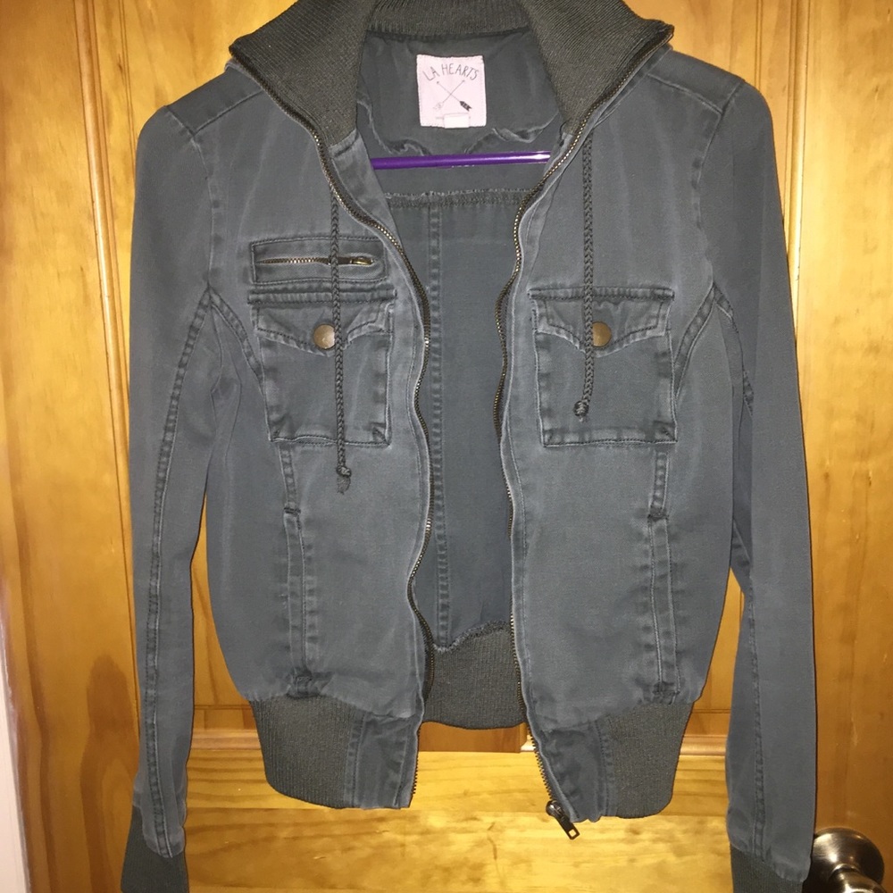 LA Hearts hooded jean jacket army green